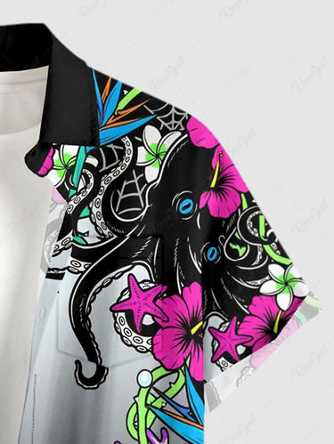 Gothic Plus Size Octopus Hibiscus Flower Spider Web Print Button Pocket Shirt For Men