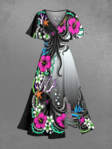 Gothic Plus Size Octopus Hibiscus Flower Spider Web Print Split Pocket A Line Midi Dress