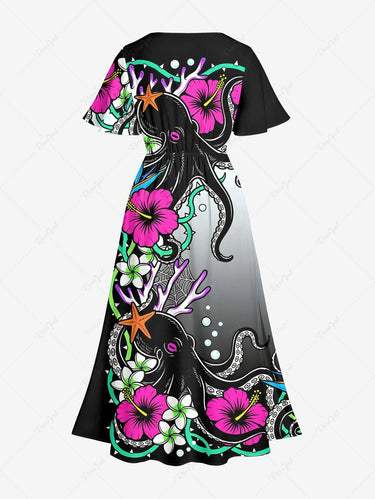 Gothic Plus Size Octopus Hibiscus Flower Spider Web Print Split Pocket A Line Midi Dress