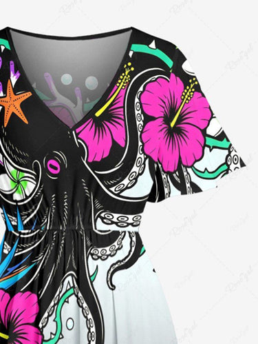 Gothic Plus Size Octopus Hibiscus Flower Spider Web Print Split Pocket A Line Midi Dress