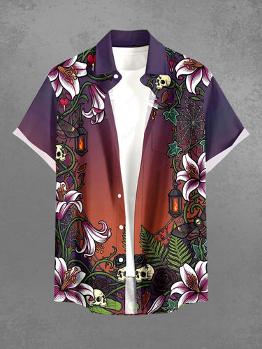 Gothic Plus Size Skull Tropical Leaf Flower Spider Web Ombre Print Button Pocket Shirt For Men