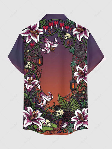 Gothic Plus Size Skull Tropical Leaf Flower Spider Web Ombre Print Button Pocket Shirt For Men