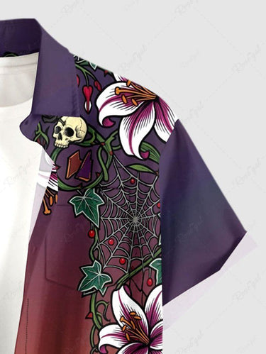 Gothic Plus Size Skull Tropical Leaf Flower Spider Web Ombre Print Button Pocket Shirt For Men