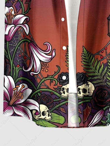 Gothic Plus Size Skull Tropical Leaf Flower Spider Web Ombre Print Button Pocket Shirt For Men