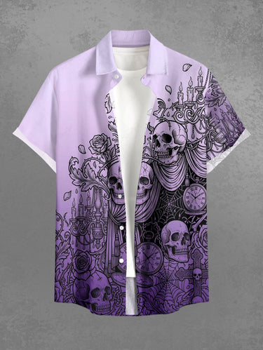 Gothic Plus Size Skull Flower Spider Web Clock Ombre Print Button Pocket Shirt For Men