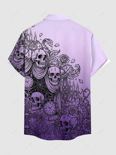 Gothic Plus Size Skull Flower Spider Web Clock Ombre Print Button Pocket Shirt For Men