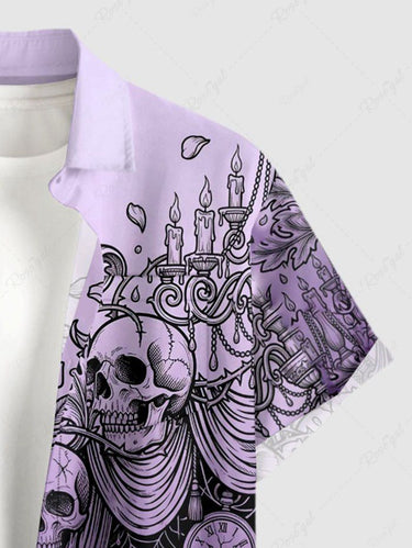 Gothic Plus Size Skull Flower Spider Web Clock Ombre Print Button Pocket Shirt For Men