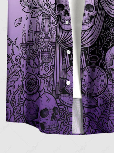 Gothic Plus Size Skull Flower Spider Web Clock Ombre Print Button Pocket Shirt For Men