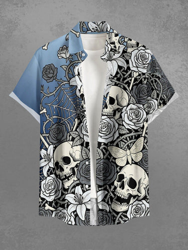 Gothic Plus Size Skull Butterfly Flower Spider Web Print Button Pocket Shirt For Men
