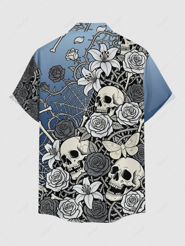 Gothic Plus Size Skull Butterfly Flower Spider Web Print Button Pocket Shirt For Men