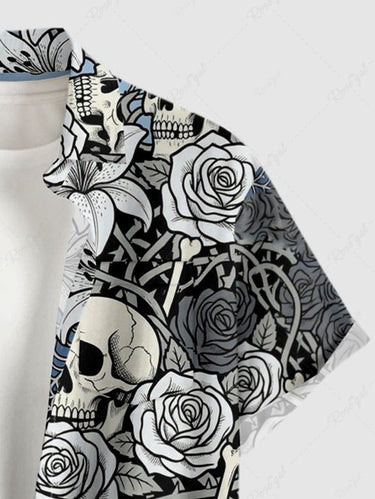 Gothic Plus Size Skull Butterfly Flower Spider Web Print Button Pocket Shirt For Men