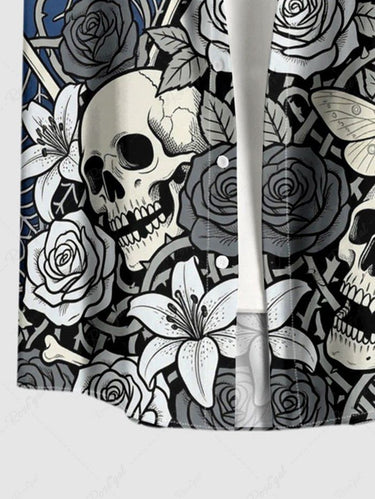 Gothic Plus Size Skull Butterfly Flower Spider Web Print Button Pocket Shirt For Men