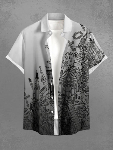Gothic Plus Size Skull Cross Ombre Print Button Pocket Shirt For Men