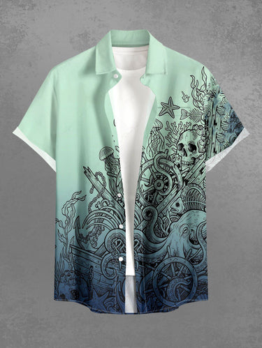 Gothic Plus Size Skull Octopus Jellyfish Print Ombre Button Pocket Shirt For Men