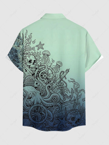 Gothic Plus Size Skull Octopus Jellyfish Print Ombre Button Pocket Shirt For Men