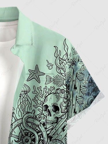 Gothic Plus Size Skull Octopus Jellyfish Print Ombre Button Pocket Shirt For Men