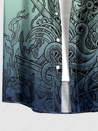 Gothic Plus Size Skull Octopus Jellyfish Print Ombre Button Pocket Shirt For Men