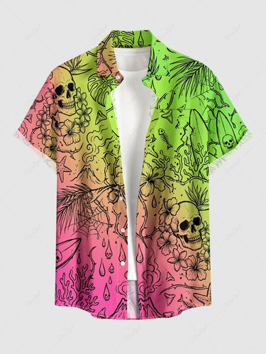 Gothic Plus Size Skull Leaf Hibiscus Flower Spider Web Print Ombre Button Pocket Shirt For Men