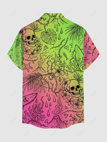 Gothic Plus Size Skull Leaf Hibiscus Flower Spider Web Print Ombre Button Pocket Shirt For Men