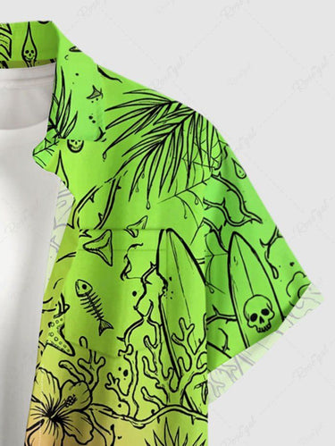 Gothic Plus Size Skull Leaf Hibiscus Flower Spider Web Print Ombre Button Pocket Shirt For Men