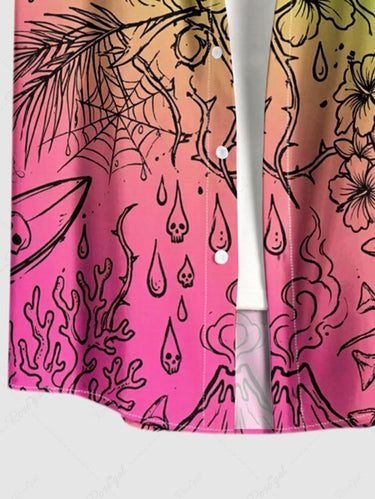 Gothic Plus Size Skull Leaf Hibiscus Flower Spider Web Print Ombre Button Pocket Shirt For Men