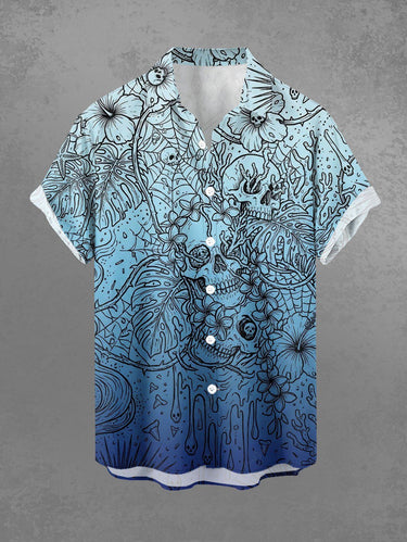 Gothic Plus Size Skull Tropical Leaf Hibiscus Flower Spider Web Print Button Pocket Shirt For Men