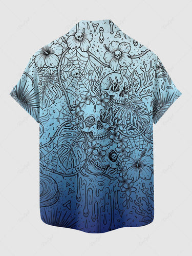 Gothic Plus Size Skull Tropical Leaf Hibiscus Flower Spider Web Print Button Pocket Shirt For Men