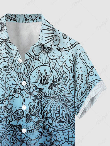 Gothic Plus Size Skull Tropical Leaf Hibiscus Flower Spider Web Print Button Pocket Shirt For Men