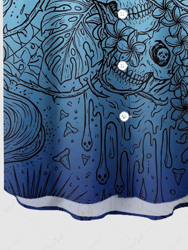 Gothic Plus Size Skull Tropical Leaf Hibiscus Flower Spider Web Print Button Pocket Shirt For Men