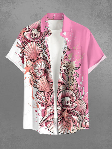 Gothic Plus Size Skull Shell Coral Print Button Pocket Shirt For Men