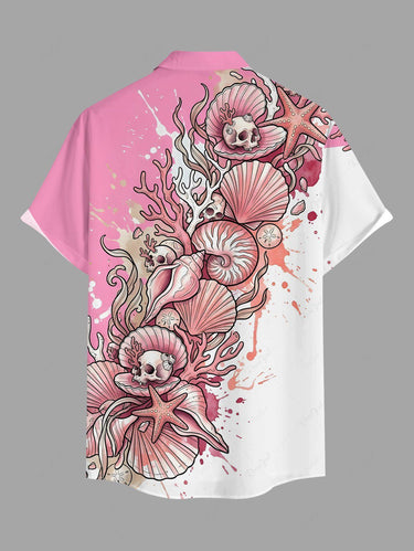 Gothic Plus Size Skull Shell Coral Print Button Pocket Shirt For Men