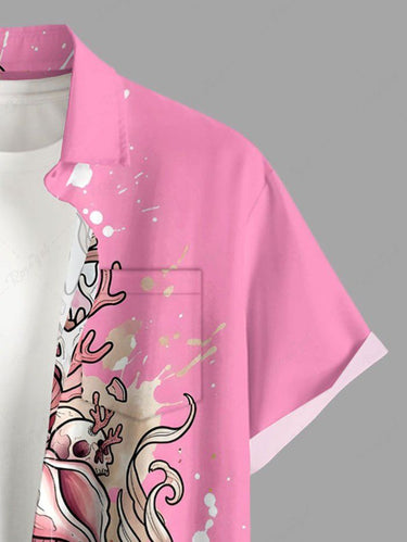 Gothic Plus Size Skull Shell Coral Print Button Pocket Shirt For Men