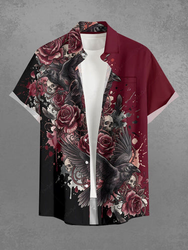 Gothic Plus Size Skull Crow Flower Print Button Pocket Shirt For Men