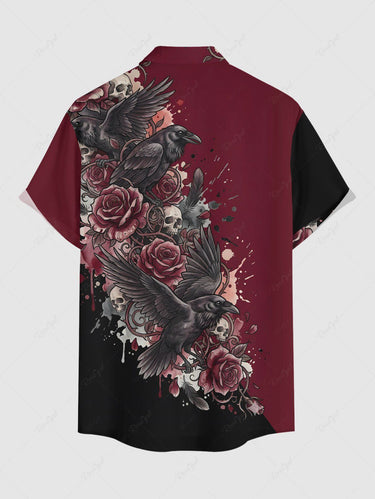 Gothic Plus Size Skull Crow Flower Print Button Pocket Shirt For Men