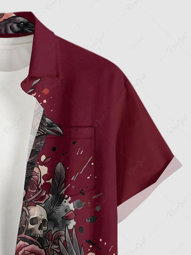 Gothic Plus Size Skull Crow Flower Print Button Pocket Shirt For Men