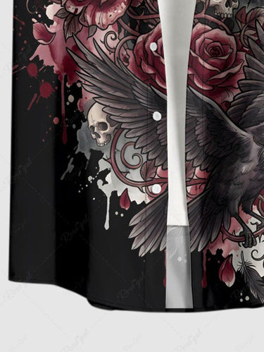 Gothic Plus Size Skull Crow Flower Print Button Pocket Shirt For Men
