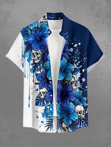 Gothic Plus Size Skull Tropical Leaf Hibiscus Flower Painting Splatter Print Button Pocket Shirt For Men