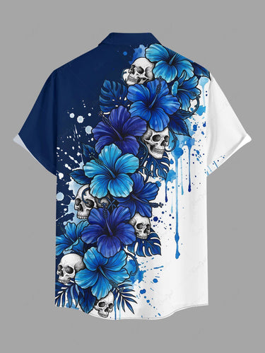 Gothic Plus Size Skull Tropical Leaf Hibiscus Flower Painting Splatter Print Button Pocket Shirt For Men