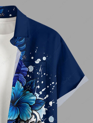 Gothic Plus Size Skull Tropical Leaf Hibiscus Flower Painting Splatter Print Button Pocket Shirt For Men