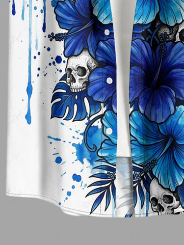 Gothic Plus Size Skull Tropical Leaf Hibiscus Flower Painting Splatter Print Button Pocket Shirt For Men