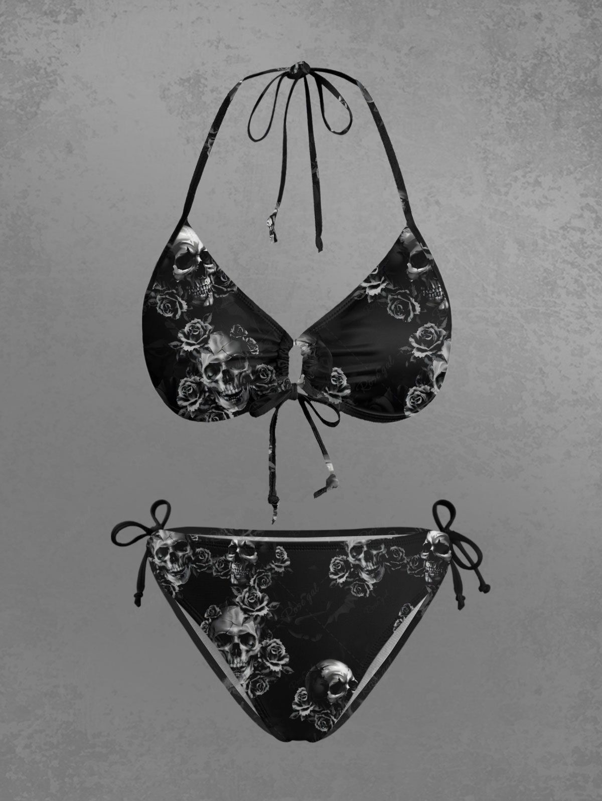 Flyff Rgothic Set Gothic Skull Rose Flower Print Cinched Halter Backless Tied Bikini Set ...
