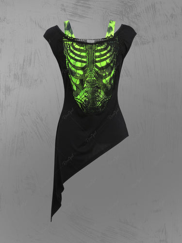 Gothic Crochet Skeleton Back Tie Dye Asymmetric 2 in 1 Top