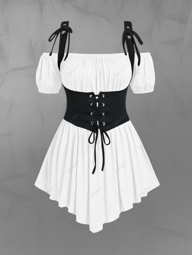 Gothic Plus Size Medieval Renaissance Ruched Off Shoulder Asymmetrical Blouse With Grommets Lace Up Corset