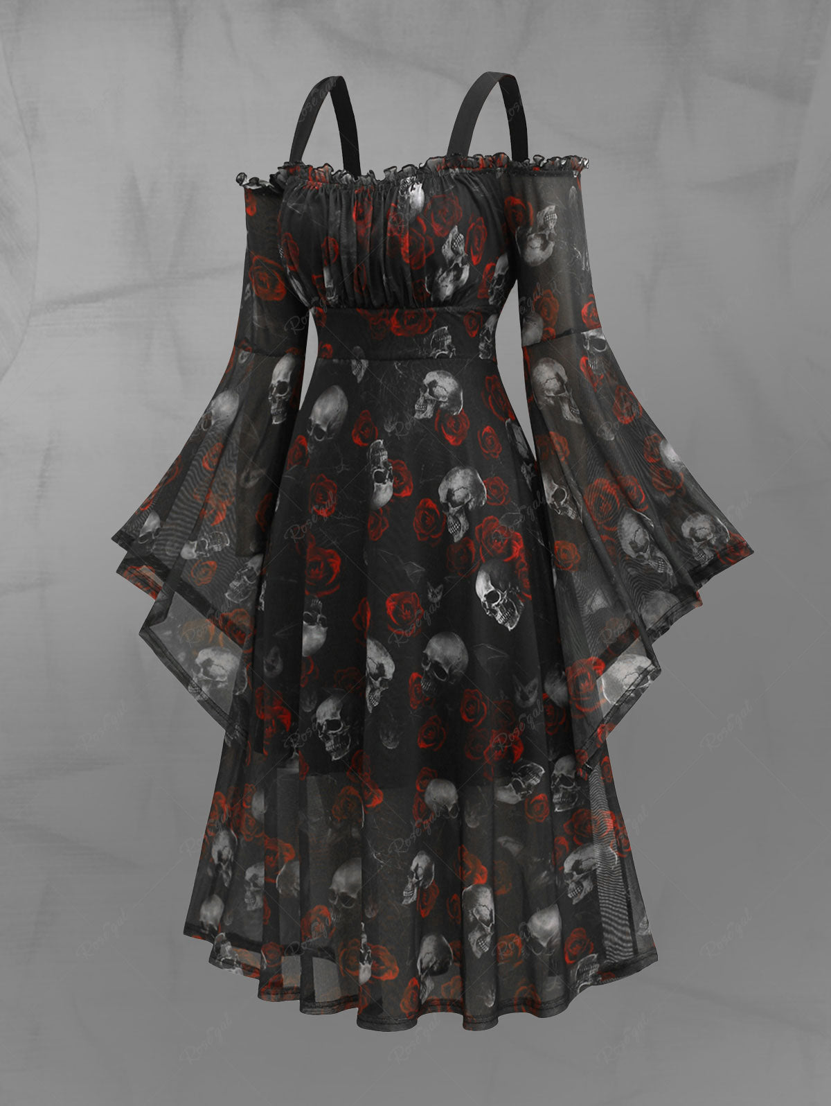 Gothic Skull Rose Print Mesh Bell Sleeves Cold Shoulder Dress