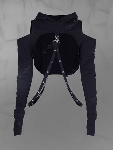 Gothic Plus Size Grommets Stripe Hooded Cold Shoulder Shrug Top