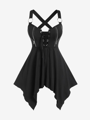 💗Lauren Loves💗 Gothic Lace Up Crisscross Zipper Handkerchief Tank Top