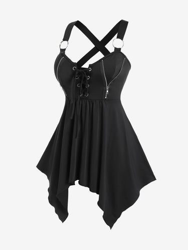 💗Lauren Loves💗 Gothic Lace Up Crisscross Zipper Handkerchief Tank Top