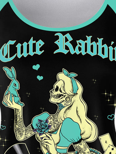 Gothic Plus Size Skull Flower Rabbit Print Raglan Shoulder Short Sleeve T-Shirt