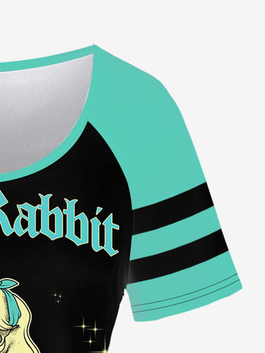 Gothic Plus Size Skull Flower Rabbit Print Raglan Shoulder Short Sleeve T-Shirt