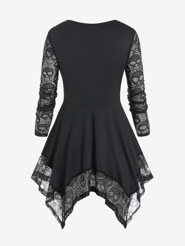 Gothic Plus Size Skull Lace Panel Handkerchief Long Sleeve Tops